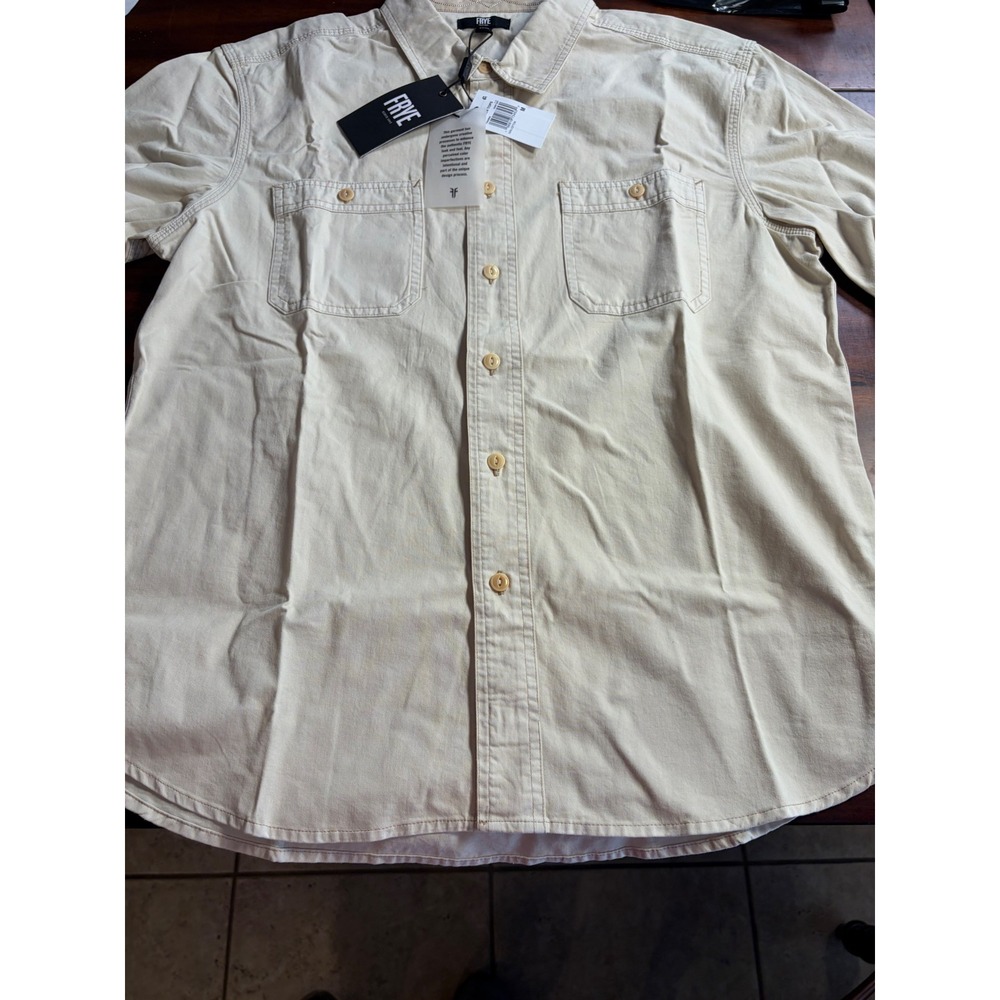 Frye Mens Short Sleeve Button Down Shirt Beige Rainy Day Cotton Utility Medium